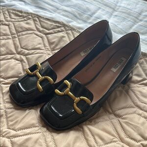 Black and Gold Patent Leather Loafers with Horsebit Detail